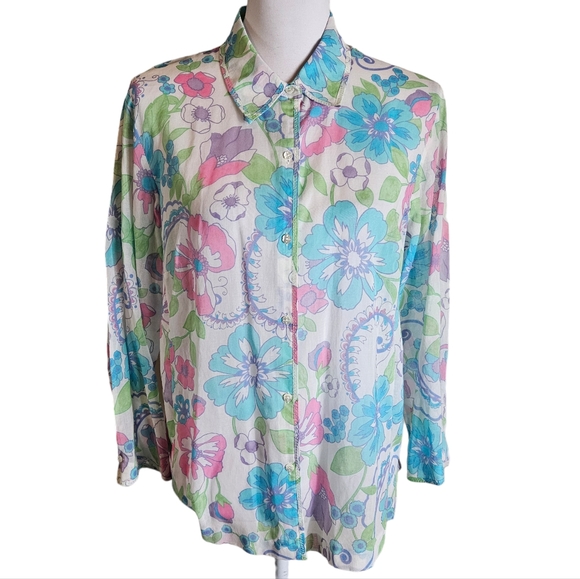 Sigrid Olsen Sport Floral Paisley Print Button Up Blouse Size Large Whimsical - Picture 1 of 15